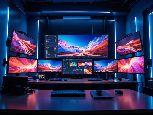 Complete display solution setup with multiple screens, control interfaces, and mounting hardware