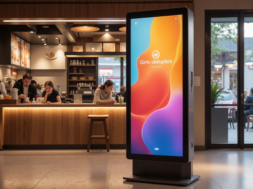 Customized touch screen display with responsive interface, showing interactive elements, mounted on stand