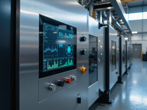 Industrial LCD display panel showing clear text and graphics, mounted on wall mount, black bezel frame